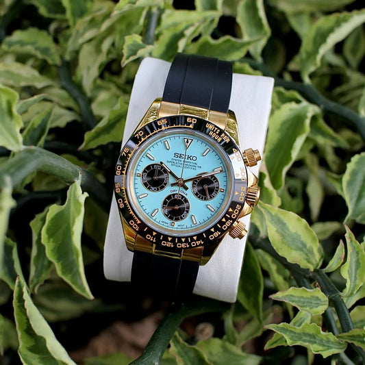D-Racing "Gold Tiffany" Rubber - Reloj personalizado con cristal de zafiro y cronógrafo VK63 | XP Watch Co.
