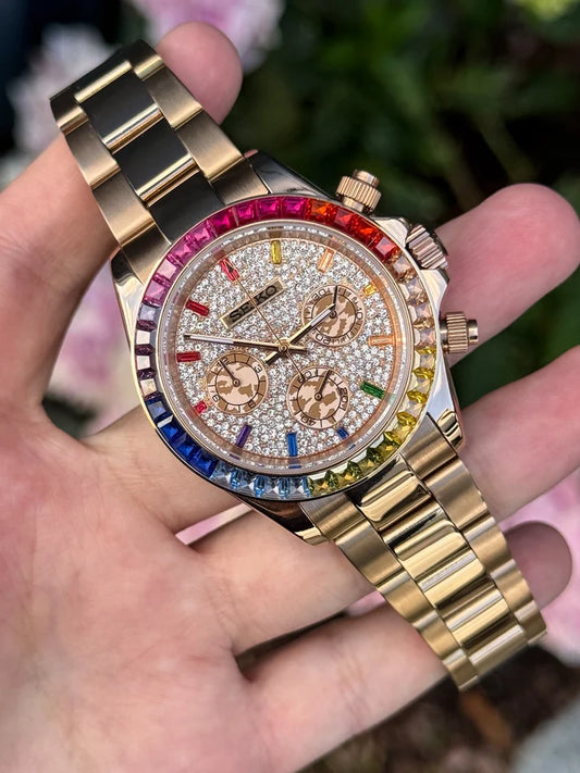 D-Racing Diamond Rainbow Rosegold, reloj con esfera brillante, bisel arcoíris y acabado rosegold
