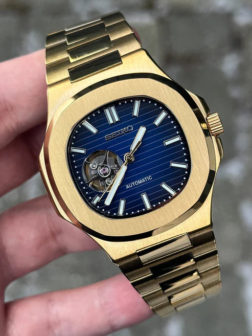 Reloj Automático XP Mod XP Mod Nautic "Open Heart" Gold Blue con movimiento NH70, cristal zafiro y acero 316L | XP Watch Co.
