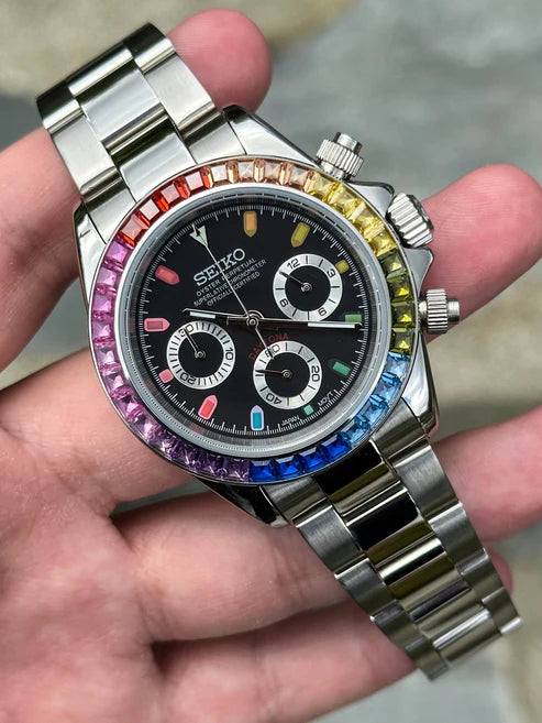 XP Mod D-Racing Reloj Automático XP Mod "Rainbow" Silver con movimiento NH35, bisel con cristales de colores, acero 316L y cristal zafiro | XP Watch Co.