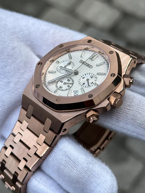 ROAK Chronograph Rosegold "White" - Reloj personalizado con cristal de zafiro y cronógrafo VK63 | XP Watch Co.