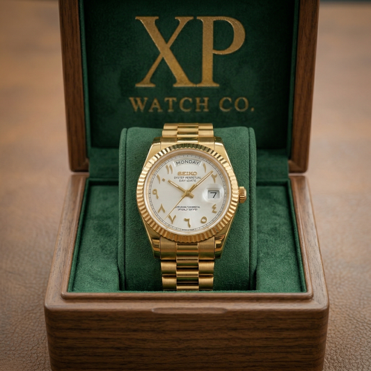 Reloj Automático XP Mod XP Mod DD-President "Gold White Arabic" con movimiento NH35 acero 316L y cristal zafiro | XP Watch Co.