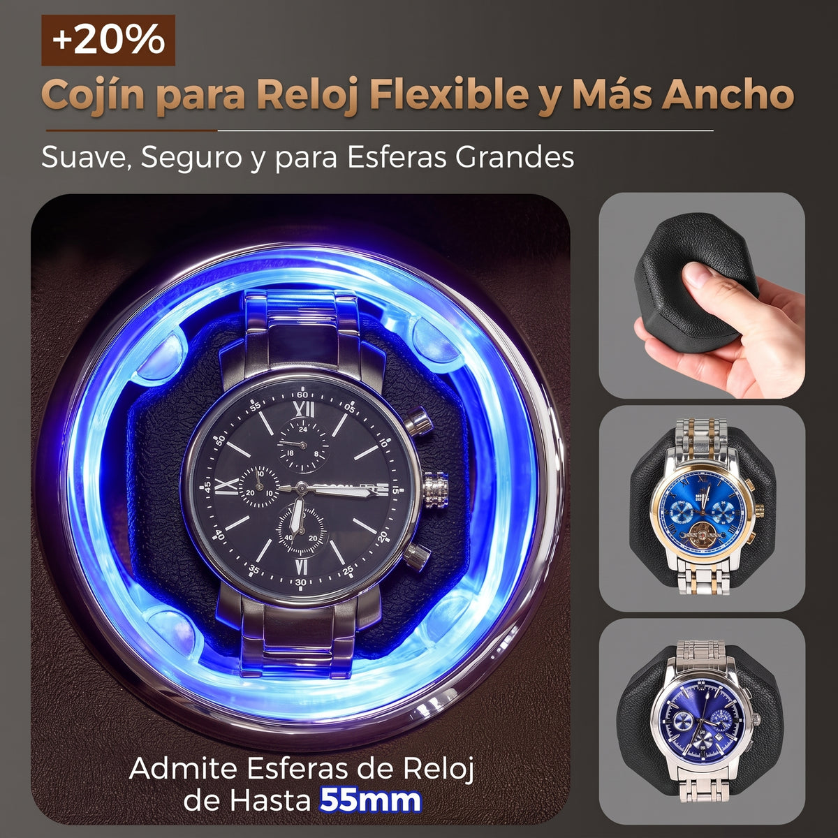 Enrollador de Reloj Automático 2 Relojes con Motor Japonés y LED con luz azul y cojín flexible para relojes grandes