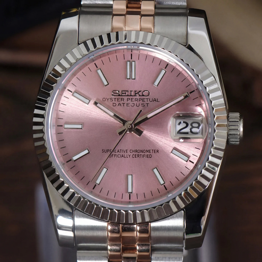 DJ-Fluted "Pink dual tone" Árabe con movimiento NH35, cristal zafiro y acero 316L | XP Watch Co.
