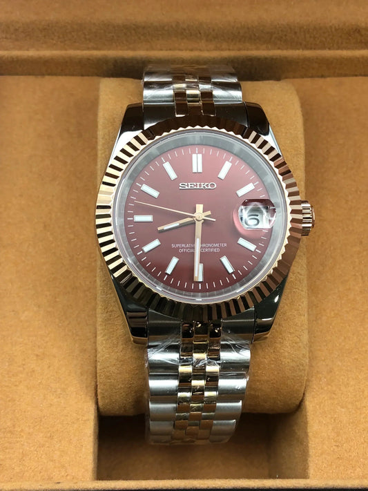 Reloj Automático XP Mod XP Mod DJ-Fluted "Two Tone Rose Gold W/Red" con movimiento NH35, cristal zafiro y acero 316L | XP Watch Co.