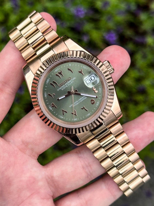 DJ-Fluted RG Arabic "Olive Green" con movimiento NH35, cristal zafiro y acero 316L | XP Watch Co.