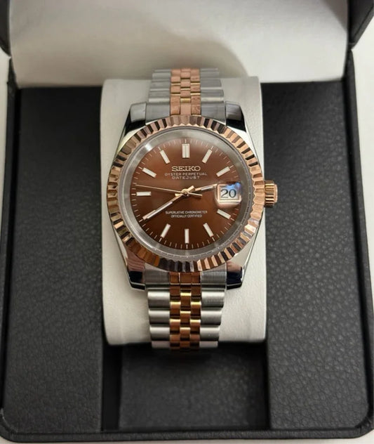Reloj Automático XP Mod XP Mod DJ-Fluted "Two Tone Rose Gold W/Brown" con movimiento NH35, cristal zafiro y acero 316L | XP Watch Co.
