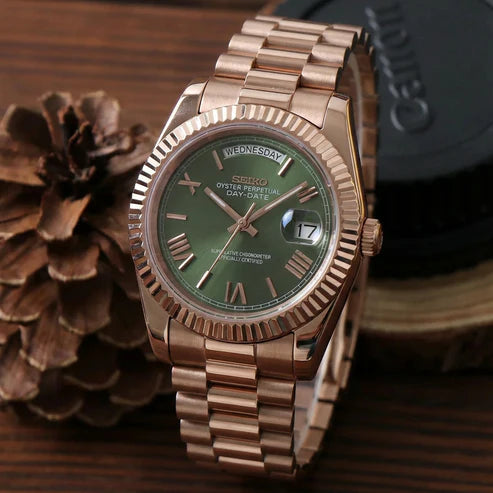 DD-President "Mint Green Roman Rose Gold" - Reloj personalizado con cristal de zafiro y acero 316L | XP Watch Co.