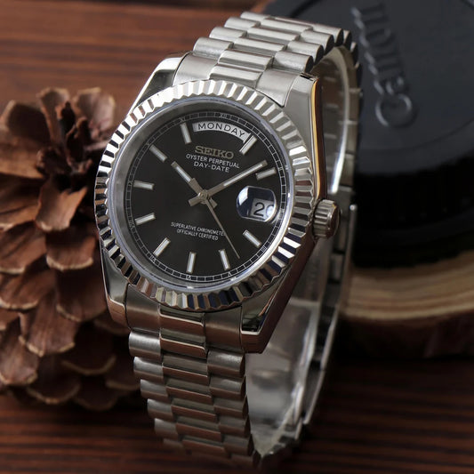 DD-President "Black" - Reloj personalizado con movimiento automático NH35 y acero inoxidable 316L | XP Watch Co.