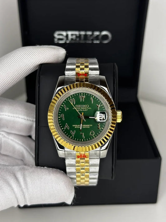 DJ-Fluted Silver Gold - Arabic "Green" - Reloj personalizado con cristal de zafiro y acero 316L | XP Watch Co.