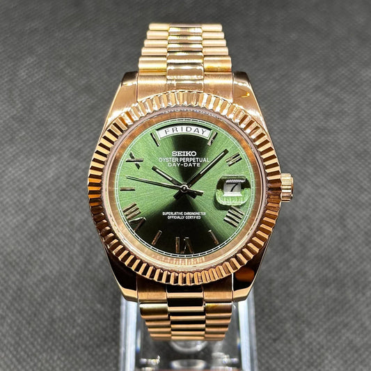 Reloj Automático XP Mod XP Mod DD-President "Mint Green Roman Rose Gold" con movimiento NH35, cristal zafiro y acero 316L | XP Watch Co.
