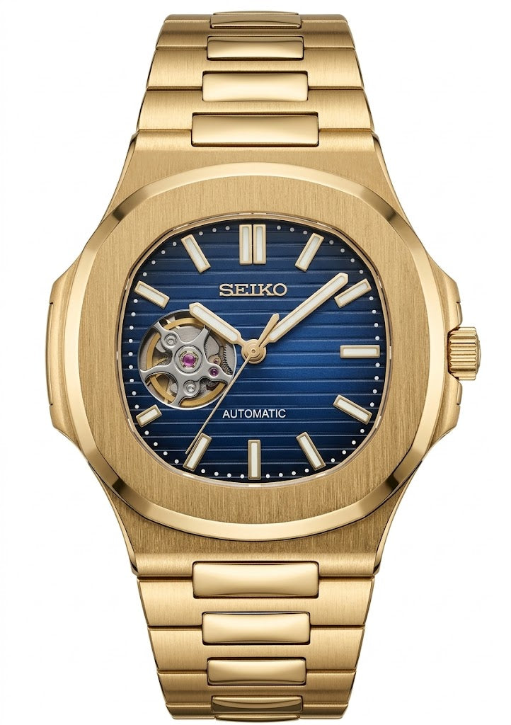Nautic "Open Heart" Gold Blue - Reloj personalizado con movimiento automático NH35 y cristal de zafiro | XP Watch Co.