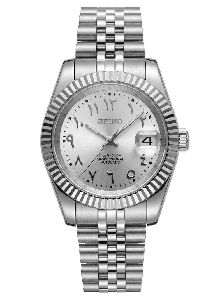 DJ-Fluted "Silver" Árabe - Reloj personalizado con movimiento automático NH35 y cristal de zafiro | XP Watch Co.