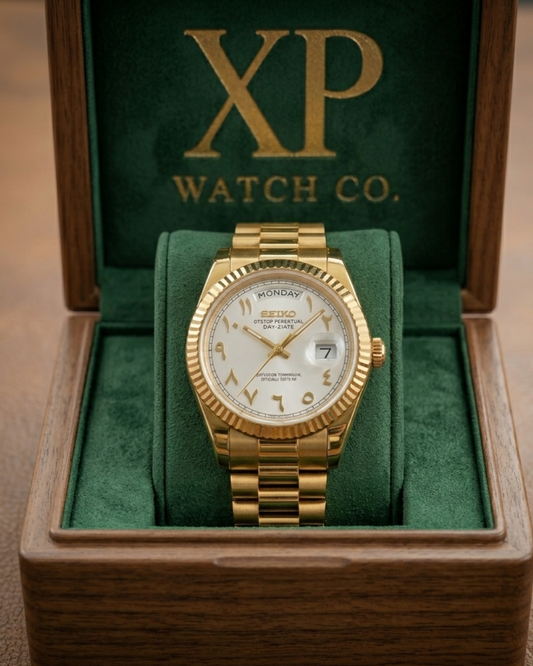 DD-President "Gold White Arabic" - Reloj personalizado con cristal de zafiro y acero inoxidable 316L | XP Watch Co.
