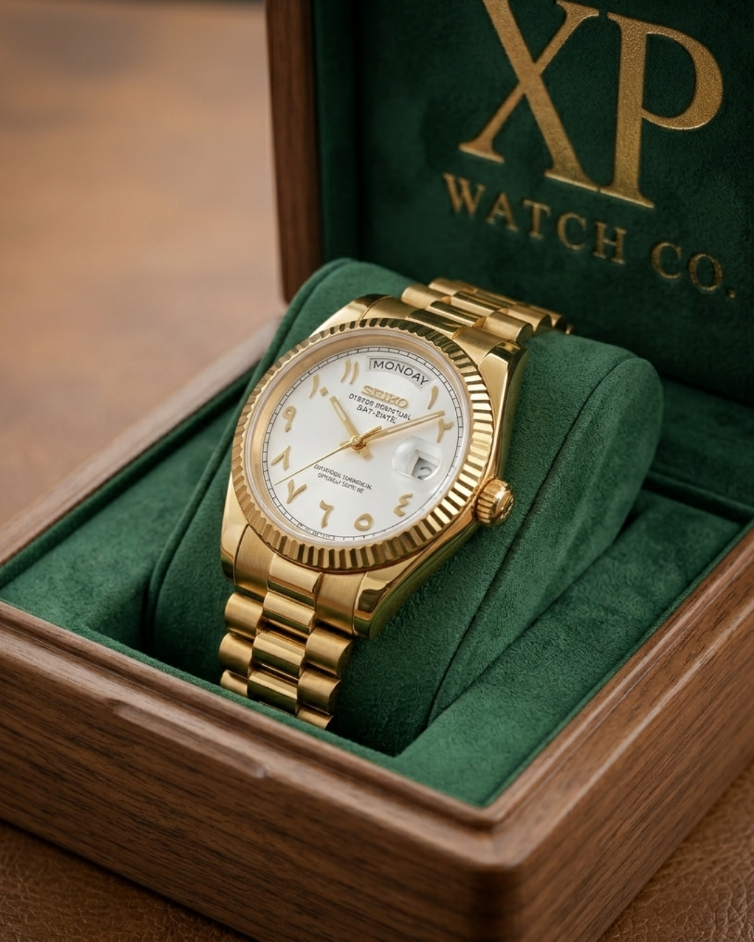 DD-President "Gold White Arabic" - Reloj personalizado con cristal de zafiro y acero inoxidable 316L | XP Watch Co.
