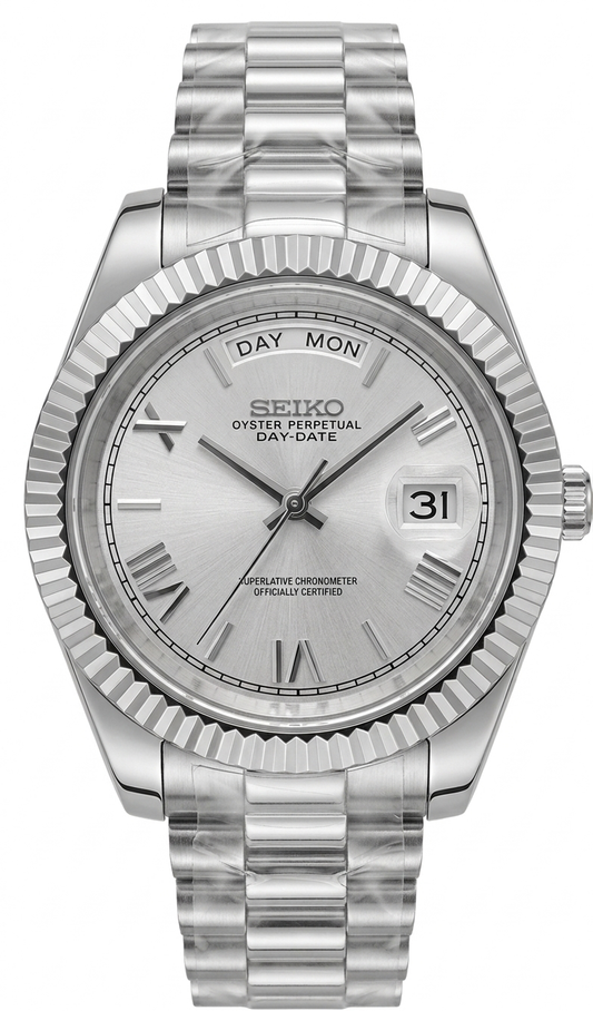 DD-President "Royal White Roman" - Reloj personalizado con cristal de zafiro y acero inoxidable 316L | XP Watch Co.