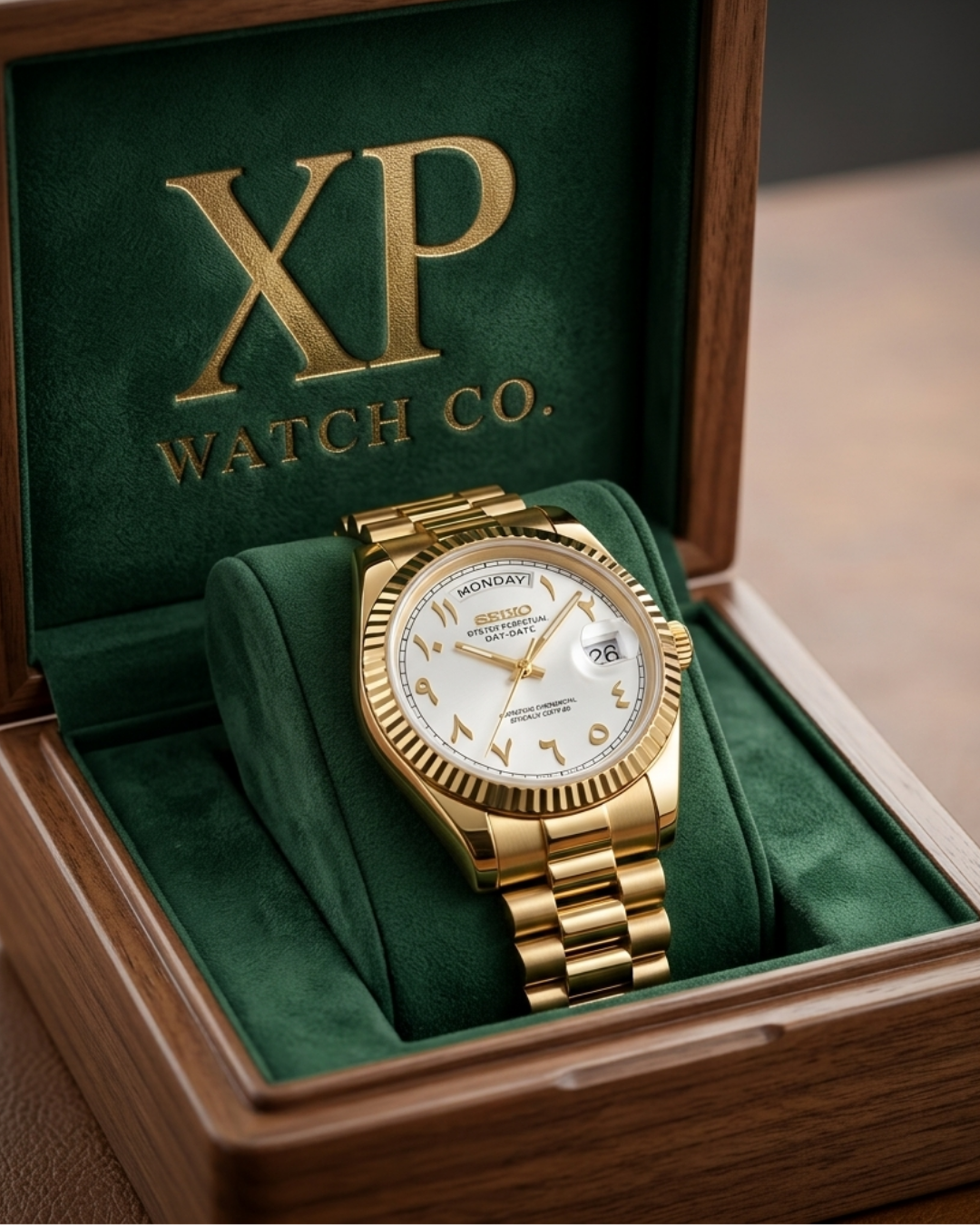 DD-President "Gold White Arabic" - Reloj personalizado con cristal de zafiro y acero inoxidable 316L | XP Watch Co.