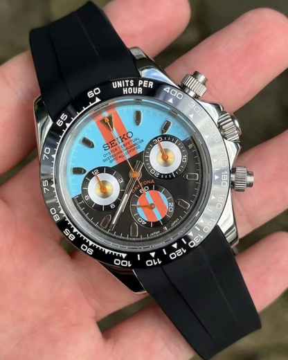 D-Racing Mod "Blue/Orange Racing" - Reloj personalizado con cronógrafo VK63 y correa caucho | XP Watch Co.