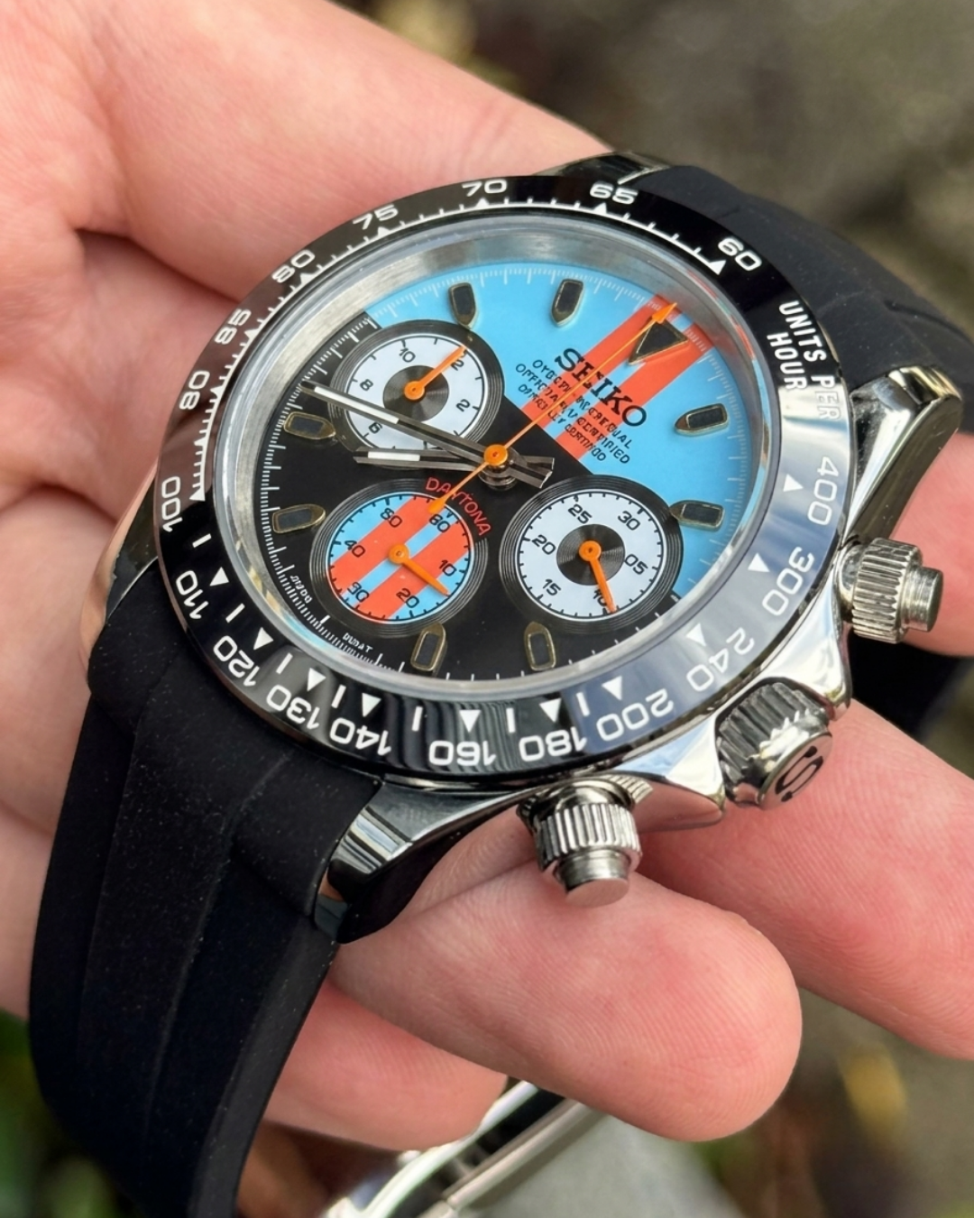 D-Racing Mod "Blue/Orange Racing" - Reloj personalizado con cronógrafo VK63 y cristal de zafiro | XP Watch Co.