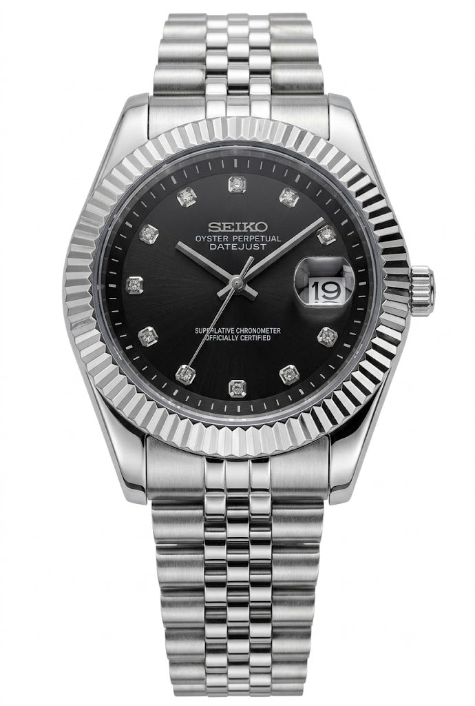 DJ-Fluted "Silver" Black Dial - Reloj personalizado con cristal de zafiro y acero inoxidable 316L | XP Watch Co.