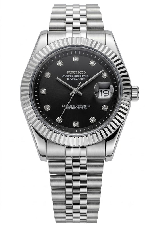 DJ-Fluted "Silver" Black Dial - Reloj personalizado con cristal de zafiro y acero inoxidable 316L | XP Watch Co.