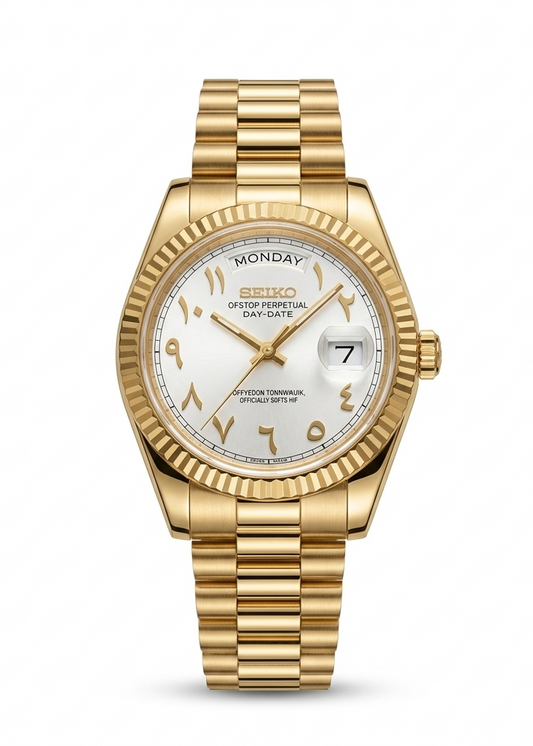 DD-President "Gold White Arabic" - Reloj personalizado con movimiento automático NH35 y cristal de zafiro | XP Watch Co.
