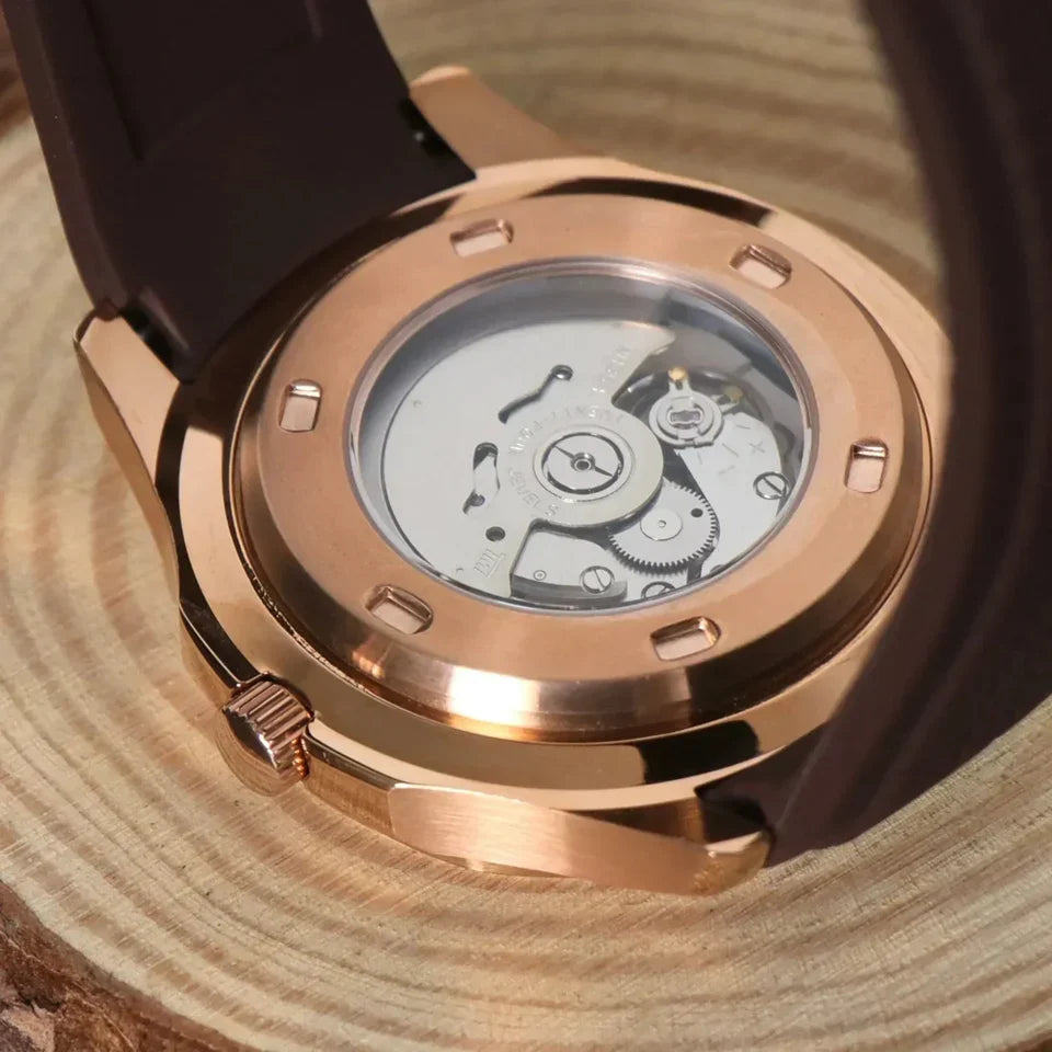 Aqua-Tropic Mod "Rose Gold Brown" - Reloj personalizado con movimiento automático NH35 y acero inoxidable 316L | XP Watch Co.