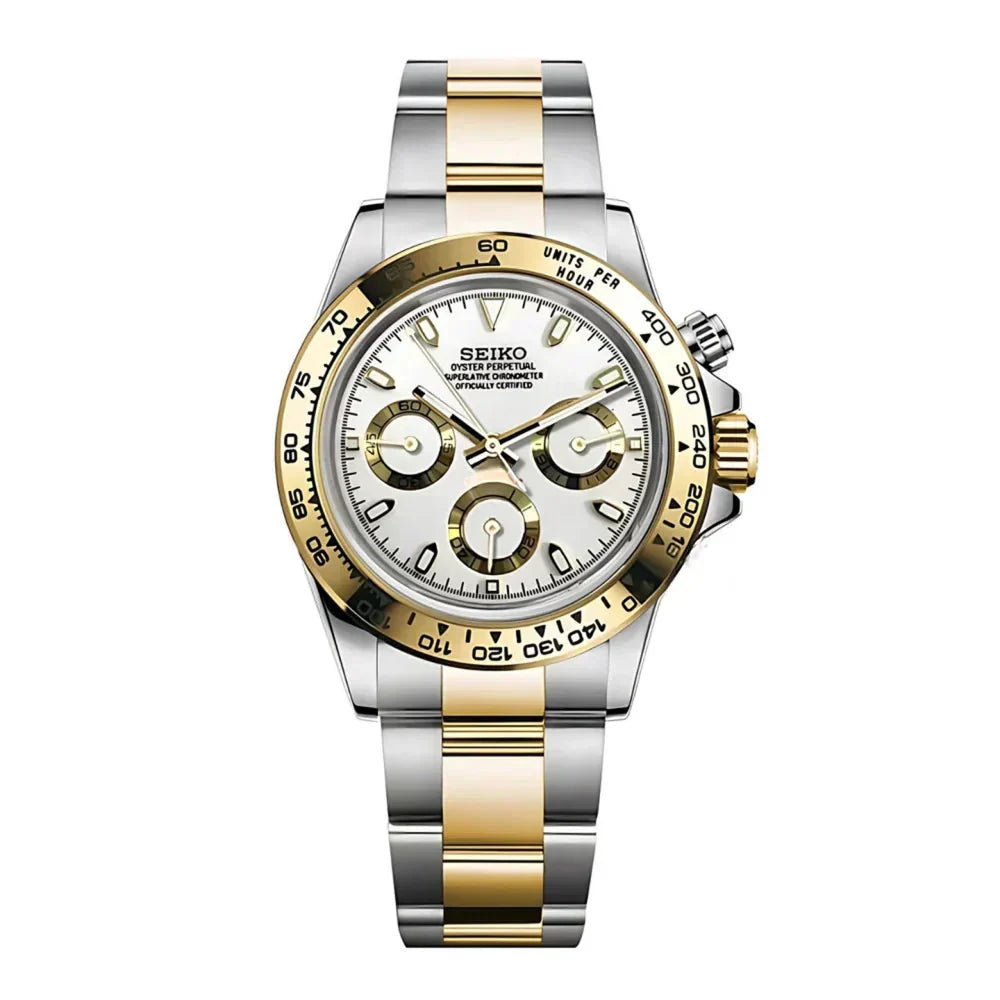 D-Racing "Two Tone Gold W/White" - Reloj personalizado con cristal de zafiro y acero inoxidable 316L | XP Watch Co.