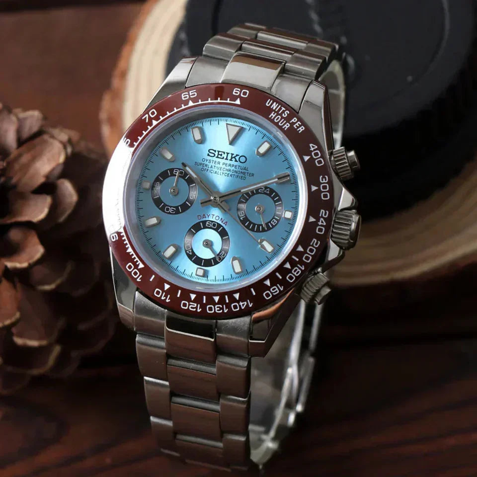 D-Racing "Ice Blue W/Brown" - Reloj personalizado con cristal de zafiro y acero inoxidable 316L | XP Watch Co.