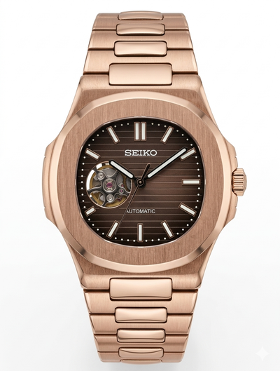 Nautic "Open Heart" Rose Gold Chocolate - Reloj personalizado con cristal de zafiro y movimiento automático NH35 | XP Watch Co.