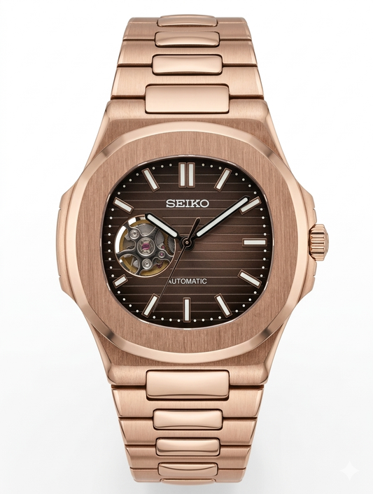 Nautic "Open Heart" Rose Gold Chocolate - Reloj personalizado con cristal de zafiro y movimiento automático NH35 | XP Watch Co.