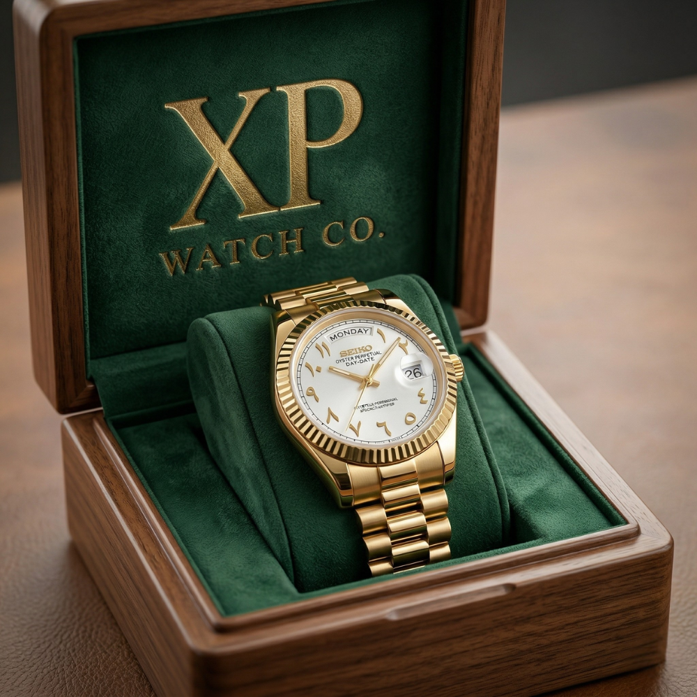DD-President "Gold White Arabic" - Reloj personalizado con cristal de zafiro y acero inoxidable 316L | XP Watch Co.