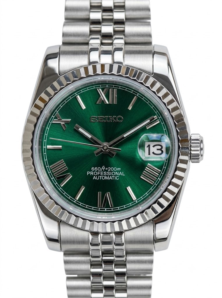 DJ-Fluted "Green Roman" - Reloj personalizado con movimiento automático NH35 y cristal de zafiro | XP Watch Co.