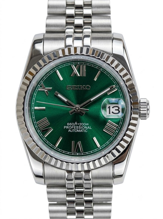 DJ-Fluted "Green Roman" - Reloj personalizado con movimiento automático NH35 y cristal de zafiro | XP Watch Co.