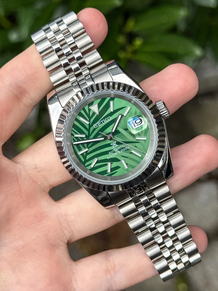 DJ-Fluted "Palmera Verde" - Reloj personalizado con movimiento automático NH35 y cristal de zafiro | XP Watch Co.