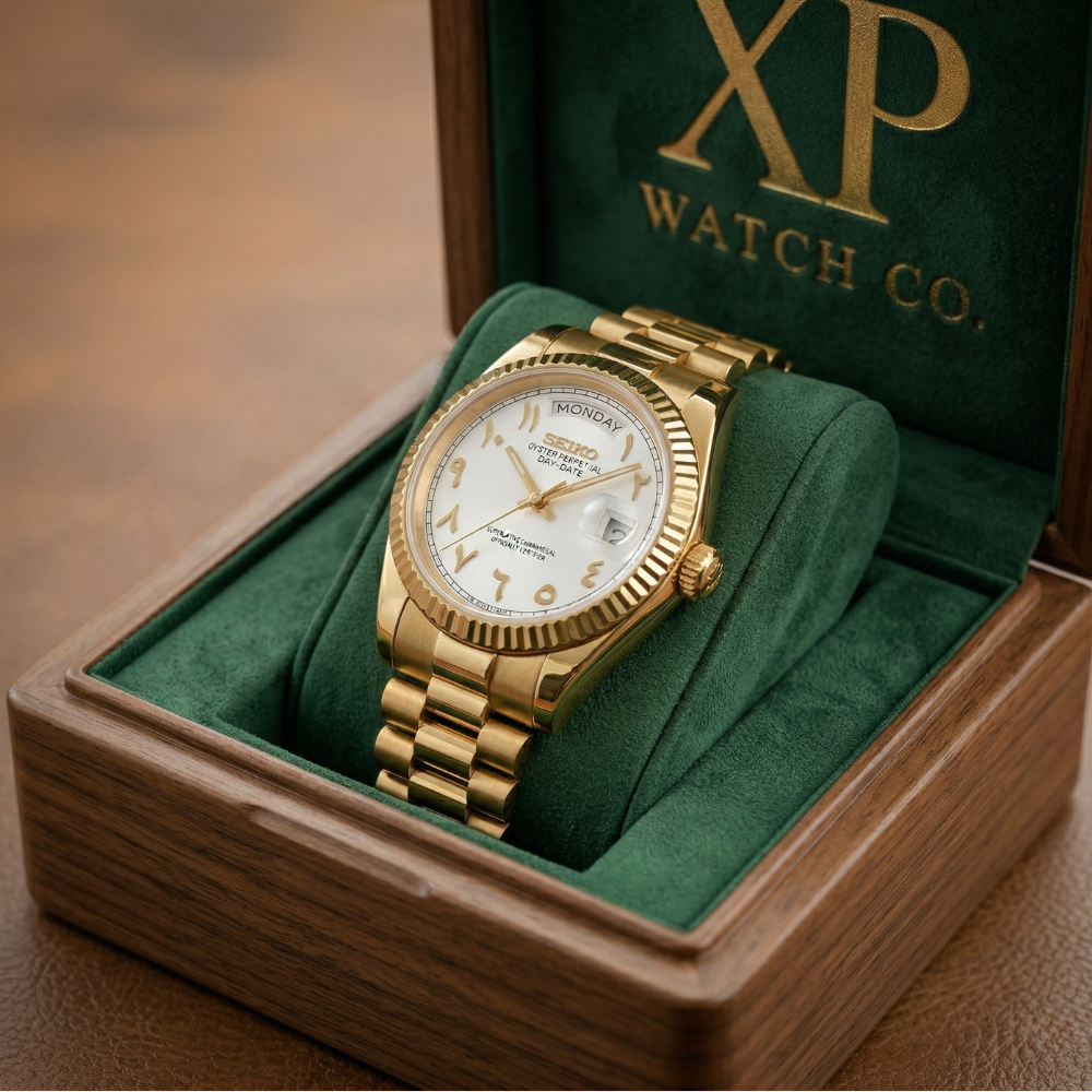 DD-President "Gold White Arabic" - Reloj personalizado con cristal de zafiro y movimiento automático NH35 | XP Watch Co.
