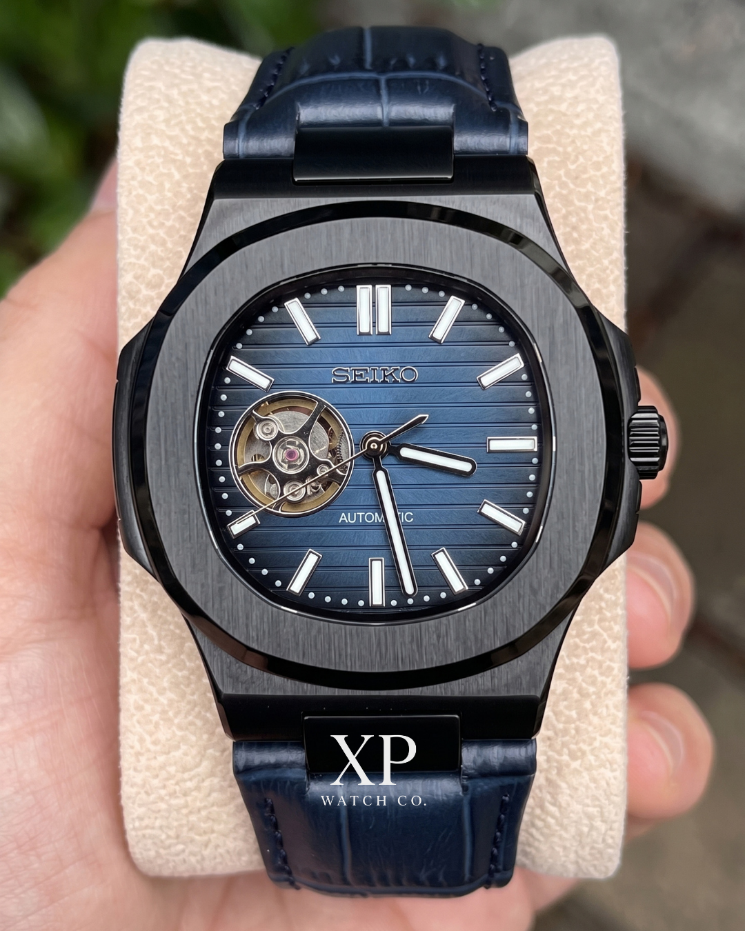 Nautic Dark Black Knight Blue Leather - Reloj personalizado con cristal de zafiro | XP Watch Co.