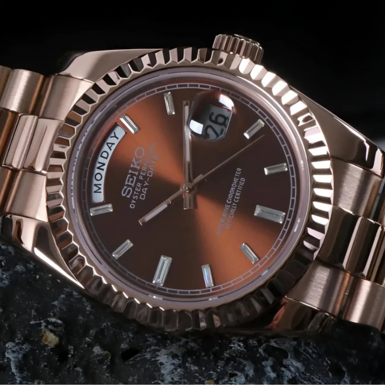 DD-President "Rose Gold Chocolate" con movimiento NH70, cristal zafiro y acero 316L | XP Watch Co.