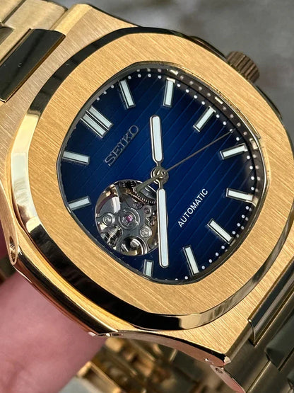Nautic "Open Heart" Gold Blue - Reloj personalizado con movimiento automático NH35 y cristal de zafiro | XP Watch Co.