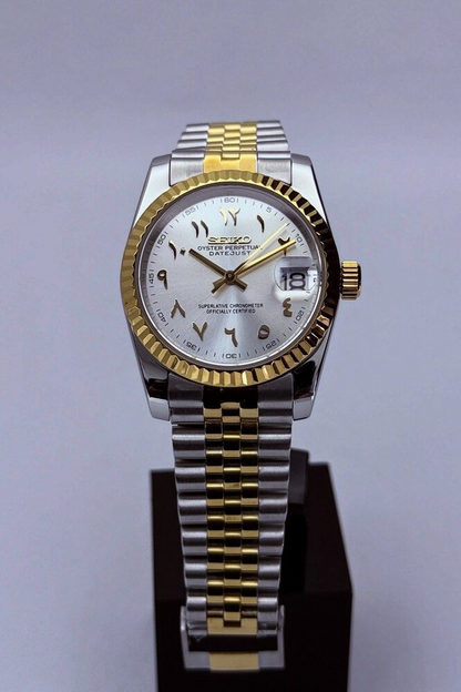 DJ-Fluted Two-Tone Arabic "Pure White" - Reloj personalizado con acero 316L y cristal de zafiro | XP Watch Co.