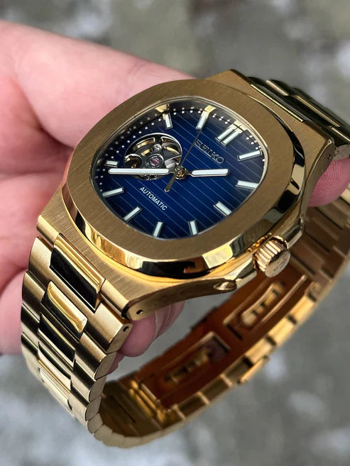 Nautic "Open Heart" Gold Blue - Reloj personalizado con movimiento automático NH35 y cristal de zafiro | XP Watch Co.