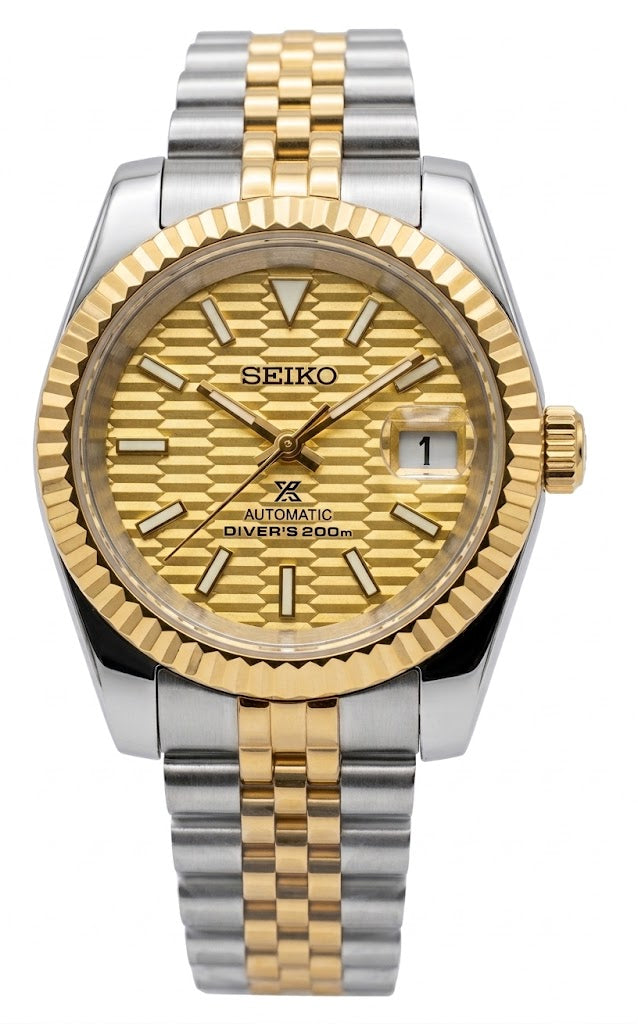 DJ-Fluted "Champagne" Honeycomb Dual Tone - Reloj personalizado con movimiento automático NH35 y cristal de zafiro | XP Watch Co.