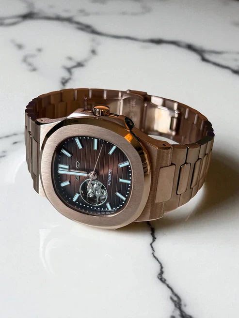 Nautic "Open Heart" Rose Gold Chocolate - Reloj personalizado con movimiento automático NH35 y cristal de zafiro | XP Watch Co.