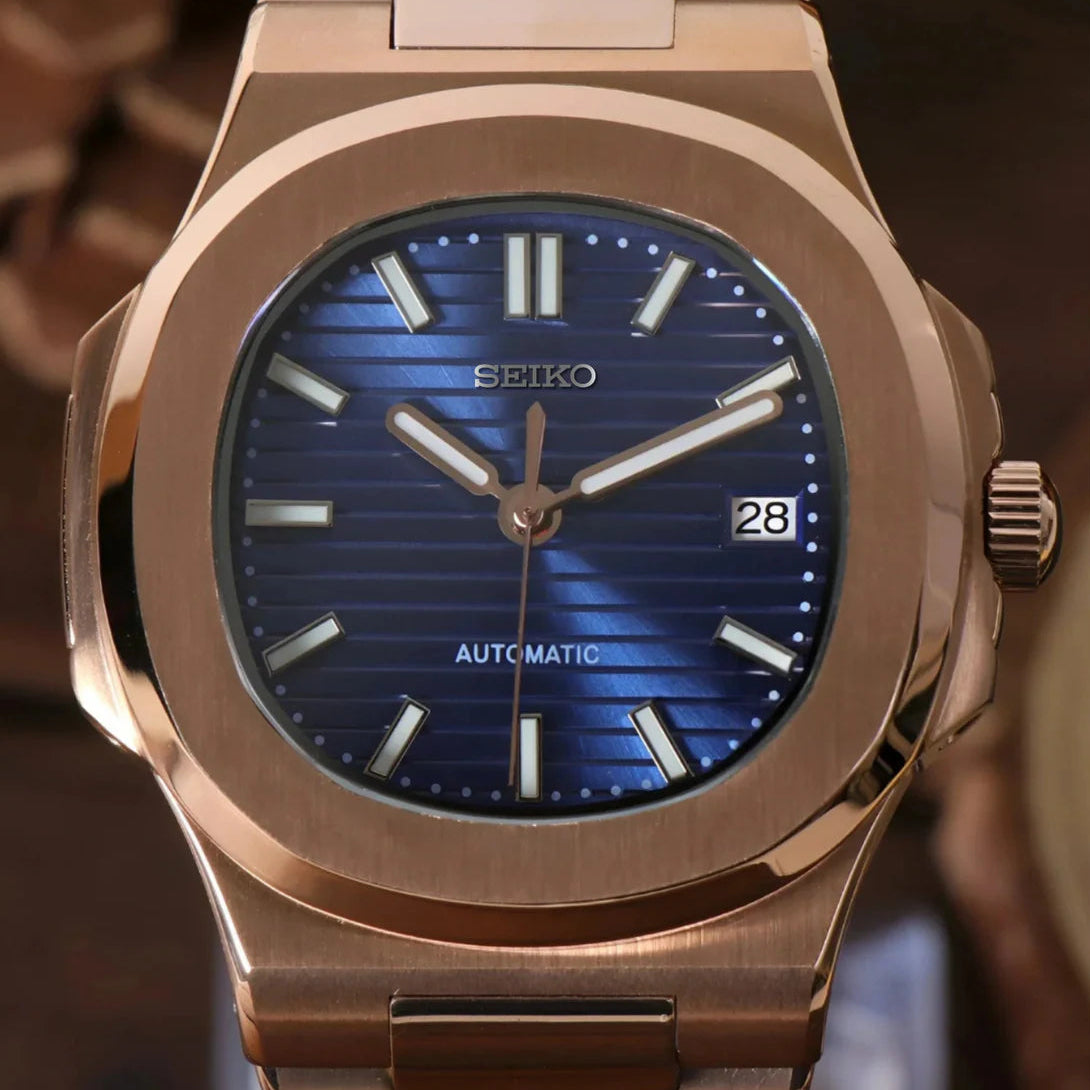 Nautic Mod "Rose Gold W/Ocean Blue" - Reloj personalizado con cristal de zafiro y movimiento automático NH35 | XP Watch Co.
