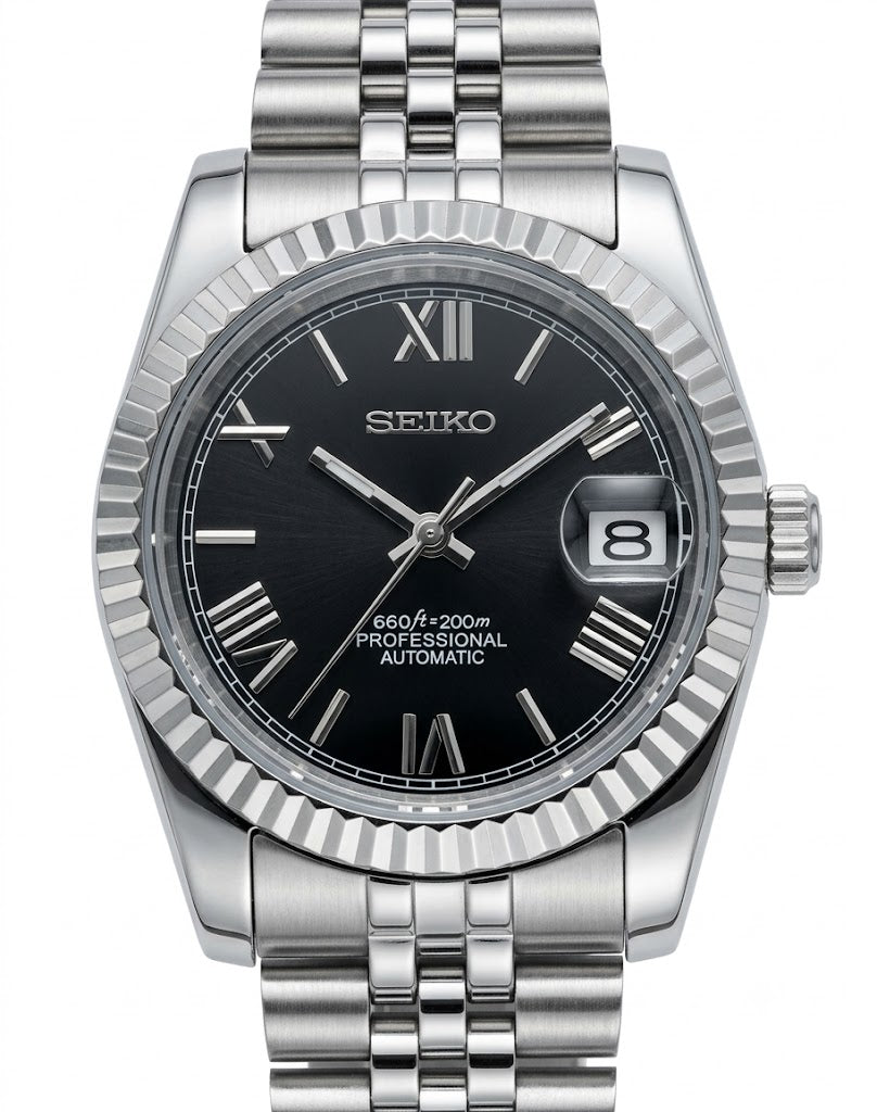 DJ-Fluted "Black Roman" - Reloj personalizado con cristal de zafiro y acero inoxidable 316L | XP Watch Co.