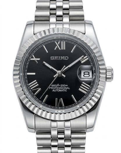 DJ-Fluted "Black Roman" - Reloj personalizado con cristal de zafiro y acero inoxidable 316L | XP Watch Co.