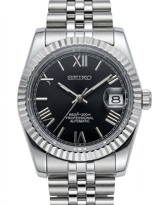 DJ-Fluted "Black Roman" - Reloj personalizado con cristal de zafiro y acero inoxidable 316L | XP Watch Co.
