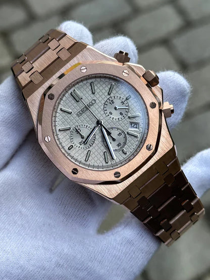 ROAK Chronograph Rosegold "White" - Reloj personalizado con cristal de zafiro y cronógrafo VK63 | XP Watch Co.