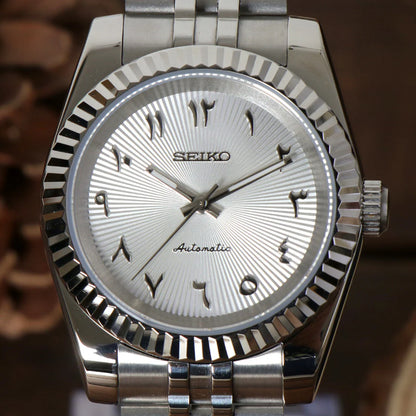 DJ-Fluted "White Textured" Árabe - Reloj personalizado con movimiento automático NH35 y cristal de zafiro | XP Watch Co.