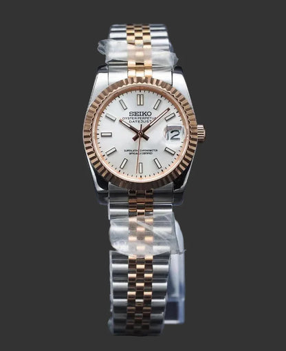 DJ-Fluted "Two Tone Rose Gold W/White" - Reloj personalizado con cristal de zafiro y acero inoxidable 316L | XP Watch Co.